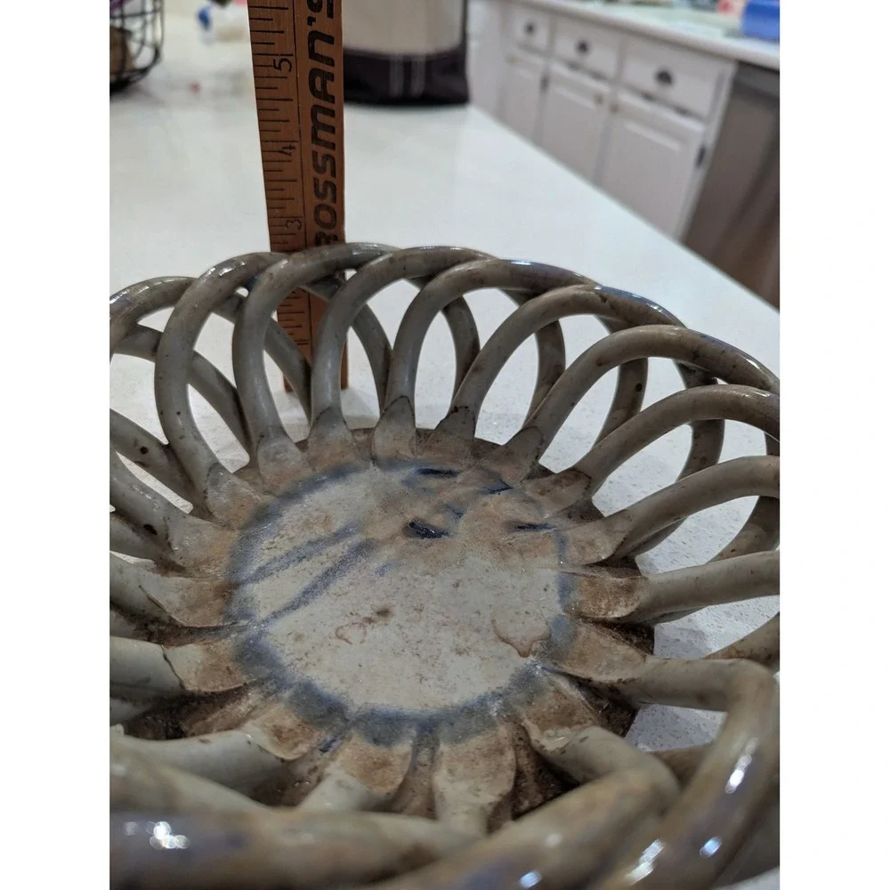 Studio Pottery Woven Lattice Basket Bowl Tan Blue Glaze Braided Ceramic 9 inch